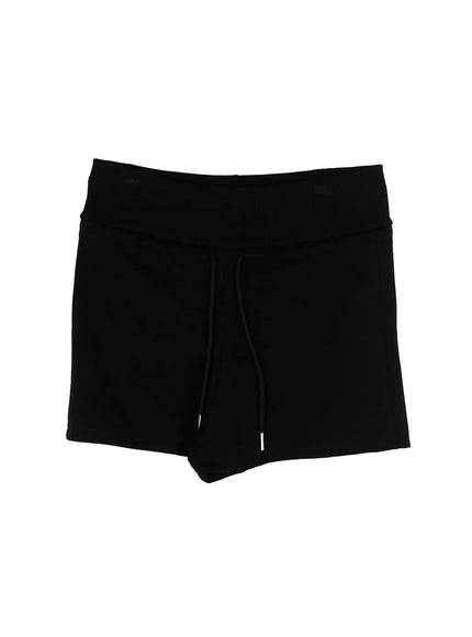 Basic Drawstring Lounge Shorts IU525 Black flat-lay front view showing high-rise ribbed waistband, center drawstring with metal aglets on white background