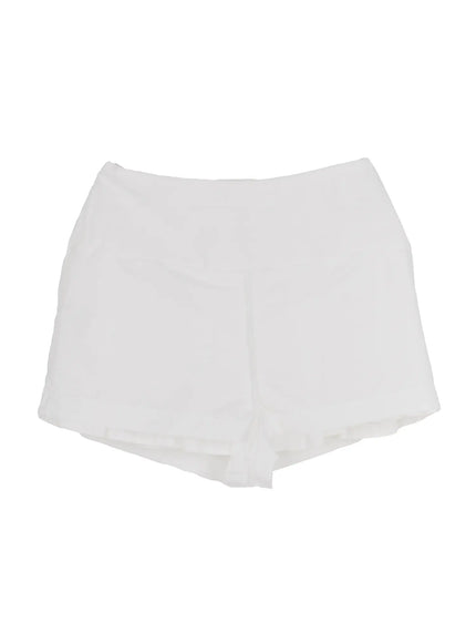 Basic Frill Flare Mini Skirt IU525 White flat-lay back view showing smooth waistband with side zipper and inner shorts lining on white background