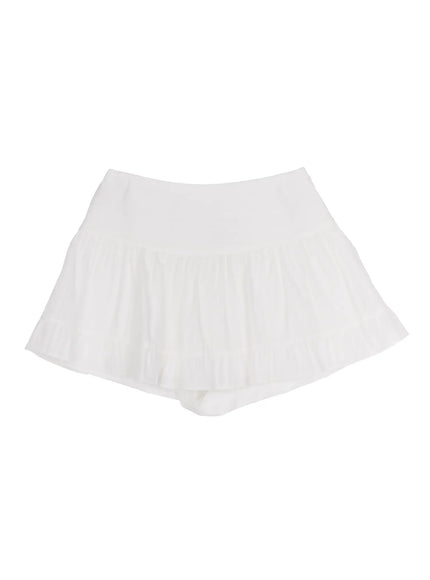 Basic Frill Flare Mini Skirt IU525 White flat-lay front view showing tiered pleated flare skirt silhouette with high waistband and built-in shorts on white background