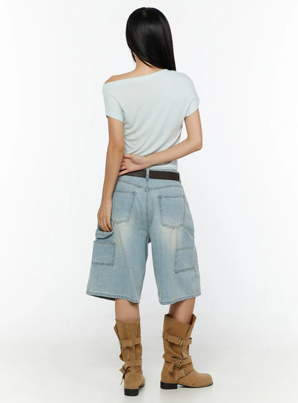 Basic One-Shoulder Top CU529 Mint back view on model showing off-shoulder drape detail and crop length, styled with wide denim bermuda shorts and boots