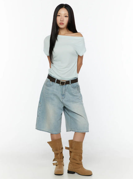 Basic One-Shoulder Top CU529 Mint full-body front view on model styled with denim bermuda shorts and tan buckle boots, hands behind back
