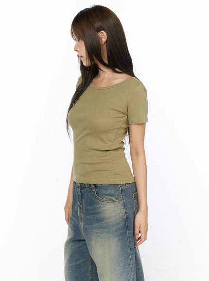 Basic Round Neck Top CL517 Dark green right side close-up on model showing fitted ribbed texture, scoop neckline detail, and cropped hem paired with jeans