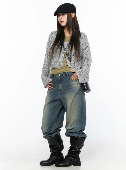 Basic Round Neck Top CL517 Dark green layering outfit on model wearing over dark green top with knit cardigan, beret hat, and wide-leg jeans with boots