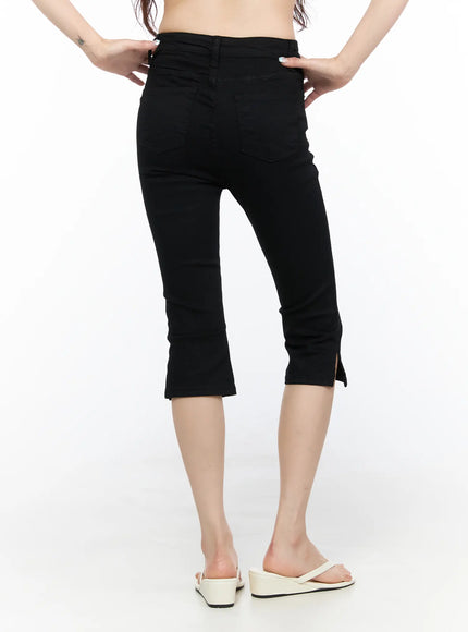 Basic Slit Cotton Capri Pants CL522 Black back shot on model from waist down showing rear pockets, snug fit, and slit hem at calf length
