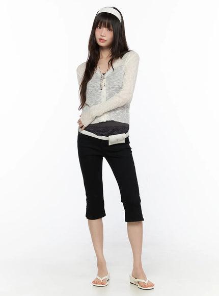 LEWKIN Basic Slit Cotton Capri Pants CL522 Black S full-length front shot on model styled with cream knit cardigan and white headband