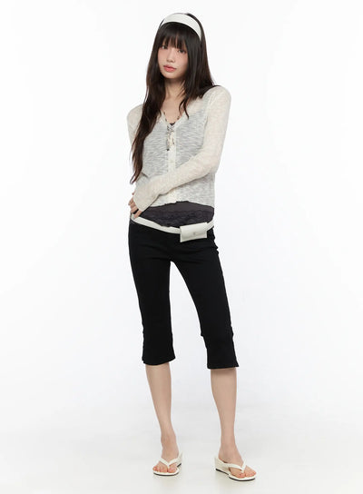 LEWKIN Basic Slit Cotton Capri Pants CL522 Black S full-length front shot on model styled with cream knit cardigan and white headband