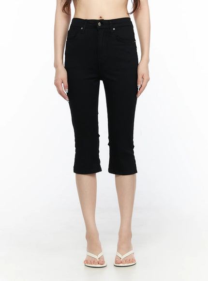 Basic Slit Cotton Capri Pants CL522 Black front shot on model from waist down showing high-rise fit, silver button closure, and flared capri hem