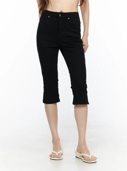 Basic Slit Cotton Capri Pants CL522 Black front shot on model from waist down showing high-rise waist with button, slim legs, and slight flare at hem