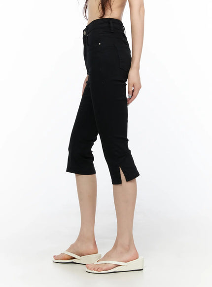 Basic Slit Cotton Capri Pants CL522 Black side shot on model showing high-rise waist, slim fit silhouette, and slit hem detail