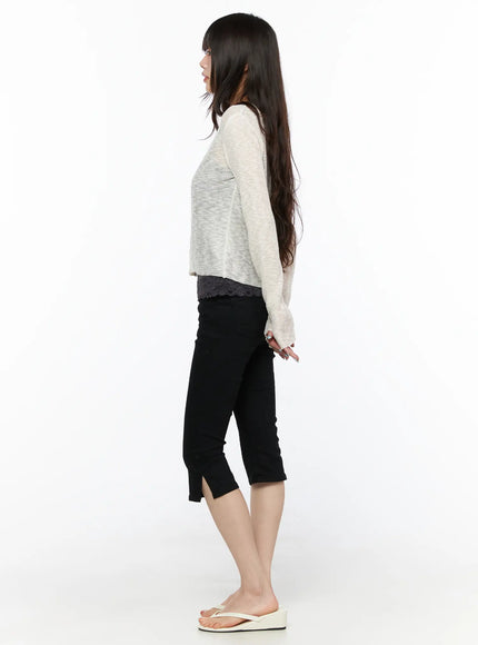 Basic Slit Cotton Capri Pants CL522 Black full-length side shot on model showing slim capri silhouette with slit hem and lace top layering