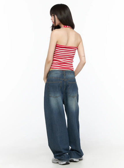 Basic Striped Halter Top CL522 Red back view on model revealing open halter back tie detail with red and cream horizontal stripes