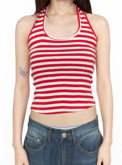 Basic Striped Halter Top CL522 Red cropped close-up front detail view on model showing U-neckline halter straps and ribbed red cream stripe knit