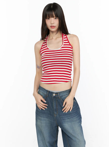 Basic Striped Halter Top CL522 Red front view on model with hands at sides showing cropped fit scoop neck and bold red cream horizontal stripes