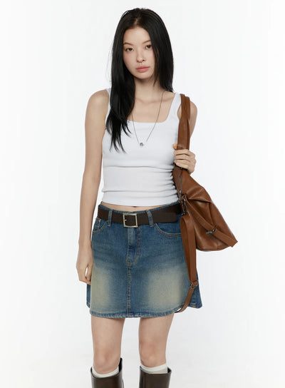 LEWKIN Basic Tank Top IL506 White S/M front shot on model standing straight styled with denim mini skirt brown leather bag and knee-high boots ribbed fabric