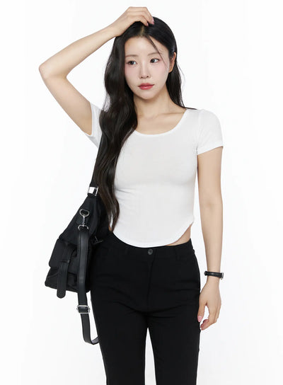 LEWKIN Basic U-Neck Tee IU525 White S/M front shot on model hand in hair styled with black bag and black trousers ribbed crop fit