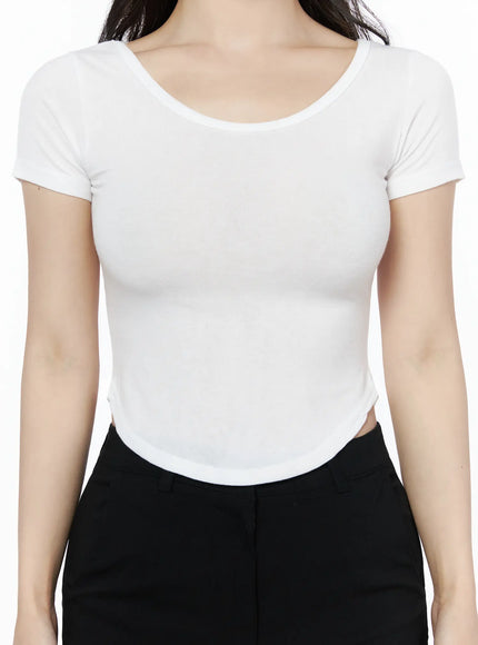 Basic U-Neck Tee IU525 White close-up front detail shot on model showing U-neckline cap sleeve and ribbed stretch fabric construction
