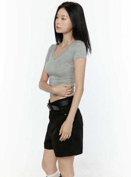 Basic V-Neck Crop Top IL506 in Gray, size S/M