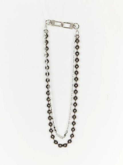 Beaded Layered Chain IL509 Silver flat-lay product shot showing full double-strand gunmetal ball chain with silver carabiner clip closure