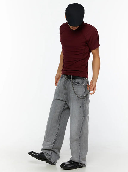 Beaded Layered Chain IL509 Silver side-angle full-body shot on male model walking wearing grey wide-leg jeans and burgundy ribbed tee