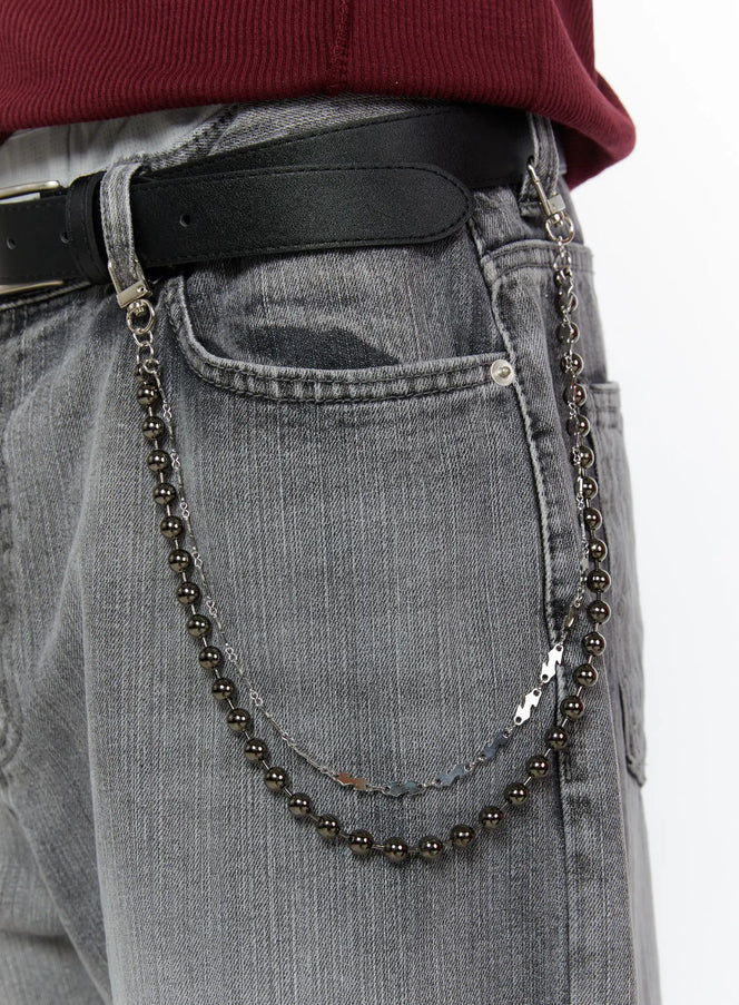 LEWKIN Beaded Layered Chain IL509 Silver close-up detail on model clipped to belt loops of grey washed jeans showing double ball chain drape