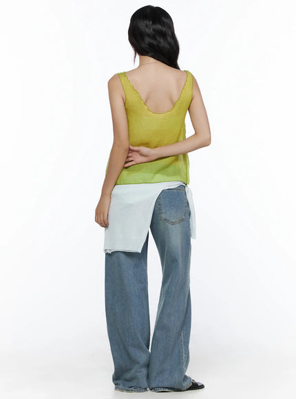 Beau Low-Rise Wide Jeans CL510 Blue back view on model styled with lime green tank and white shirt tied at waist, showing back pocket detail