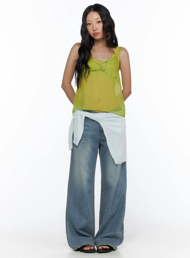 Beau Low-Rise Wide Jeans CL510 Blue full-body front view on model styled with lime green tank and white shirt tied at waist, wide-leg denim