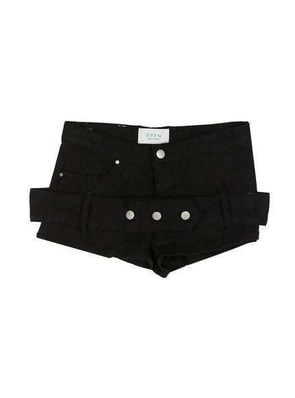 Belt Detail Micro Shorts IL509 Black flat-lay front view showing layered micro silhouette, silver snap buttons and ecru interior label