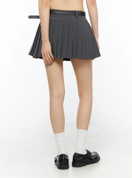 Belted Pleated Skirt CU530 Dark gray back crop shot on model showing rear pleats black leather belt white socks black loafers