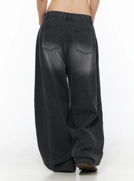 Ben Washed Wide Leg Jeans CL501 Black back crop shot on model showing dual back pockets with contrast stitching and faded grey wash on oversized wide leg