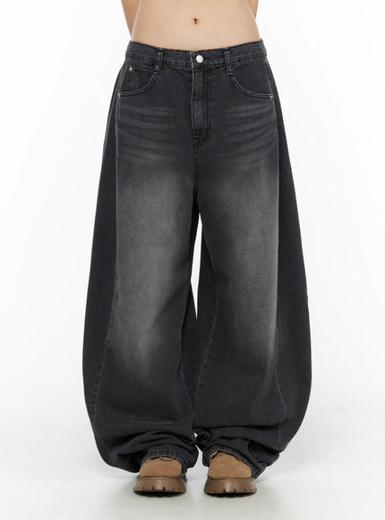 LEWKIN Ben Washed Wide Leg Jeans CL501 Black front crop shot on model showing mid-rise waistband, button closure, and extreme wide-leg washed denim silhouette