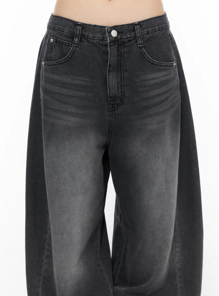 Ben Washed Wide Leg Jeans CL501 Black close-up front detail shot showing mid-rise waistband, silver button, coin pocket, and faded denim texture