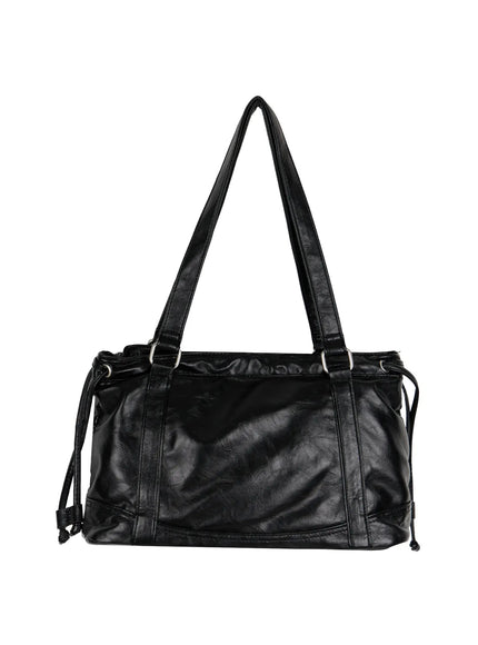 Black Zipper Shoulder Bag IL523 Black back view on hanger showing smooth faux leather panel dual shoulder straps silver rings and side drawstring cords