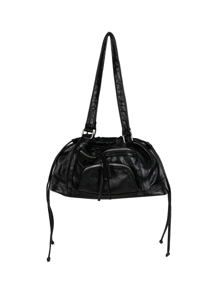 Black Zipper Shoulder Bag IL523 Black front view on hanger showing relaxed gathered silhouette with dual shoulder straps silver D-rings and drawstring side cords