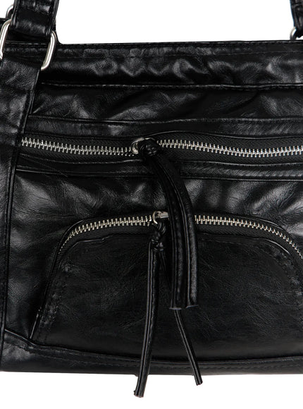 Black Zipper Shoulder Bag IL523 Black close-up front detail shot highlighting silver double zipper pockets knotted tassel pullers and crinkled faux leather texture