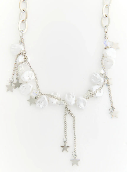 Blair Baroque Necklace IL522 silver flat lay front view displaying full baroque pearl strand chunky oval chain links and multiple star charm drops