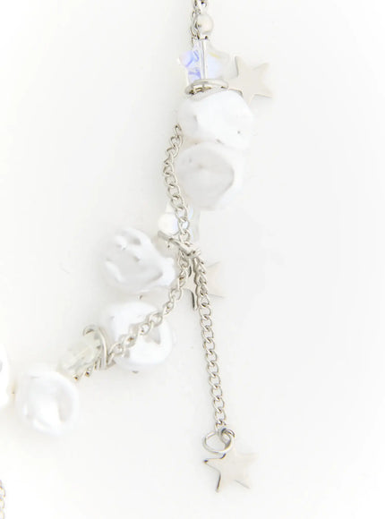 Blair Baroque Necklace IL522 silver close-up detail of right side showing baroque pearl clusters iridescent crystals and dangling star charm on silver chain