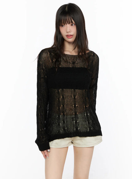 Boat Neck Sheer Cable Knit Top CL522 in Black, size S/M