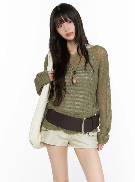 LEWKIN Boat Neck Sheer Cable Knit Top CL522 Dark green front model shot styled with cream shorts dark belt and white tote bag
