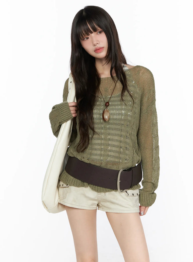 LEWKIN Boat Neck Sheer Cable Knit Top CL522 Dark green front model shot styled with cream shorts dark belt and white tote bag
