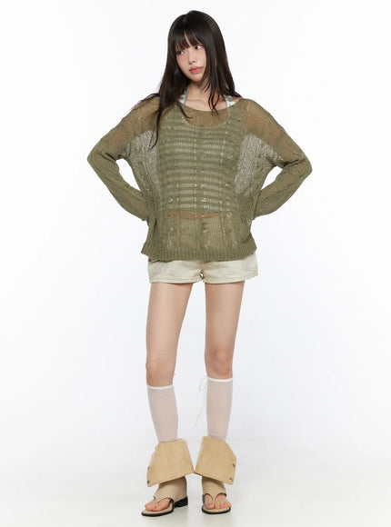 Boat Neck Sheer Cable Knit Top CL522 Dark green full-body front model shot hands on hips styled with cream shorts sheer socks and sandals