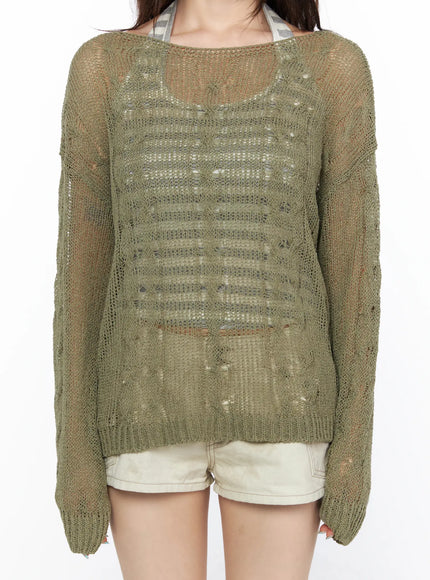 Boat Neck Sheer Cable Knit Top CL522 Dark green front close-up model shot showing distressed open-knit striped panel and cable side details