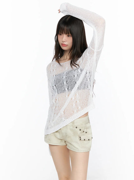 Boat Neck Sheer Cable Knit Top CL522 in White, size S/M