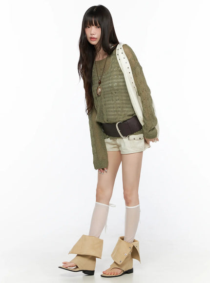 Boat Neck Sheer Cable Knit Top CL522 Dark green full-body model shot with white tote bag belt necklace and sandals looking downward