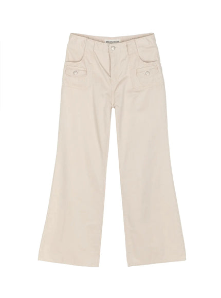 Bootcut Cargo Pants IL516 Light beige flat-lay front view, full length showing flared bootcut silhouette, dual snap cargo pockets, silver button, BYD STANDARD label at waist