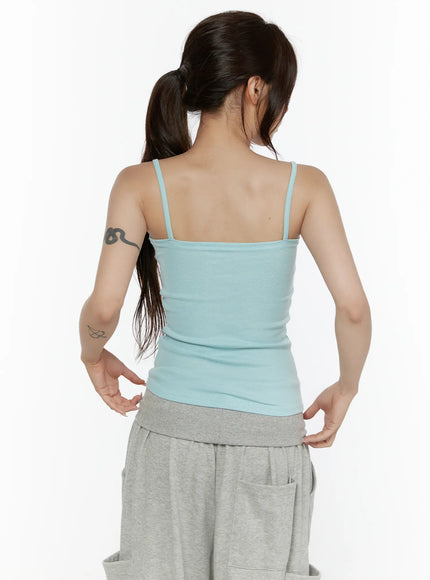 Bow Detail Sleeveless Top CL508 Mint back shot on model showing plain ribbed back thin spaghetti straps straight neckline and fitted waist with grey cargo pants