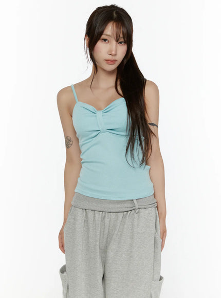 Bow Detail Sleeveless Top CL508 Mint front close-up shot on model highlighting sweetheart neckline twist bow detail thin straps and ribbed fitted silhouette