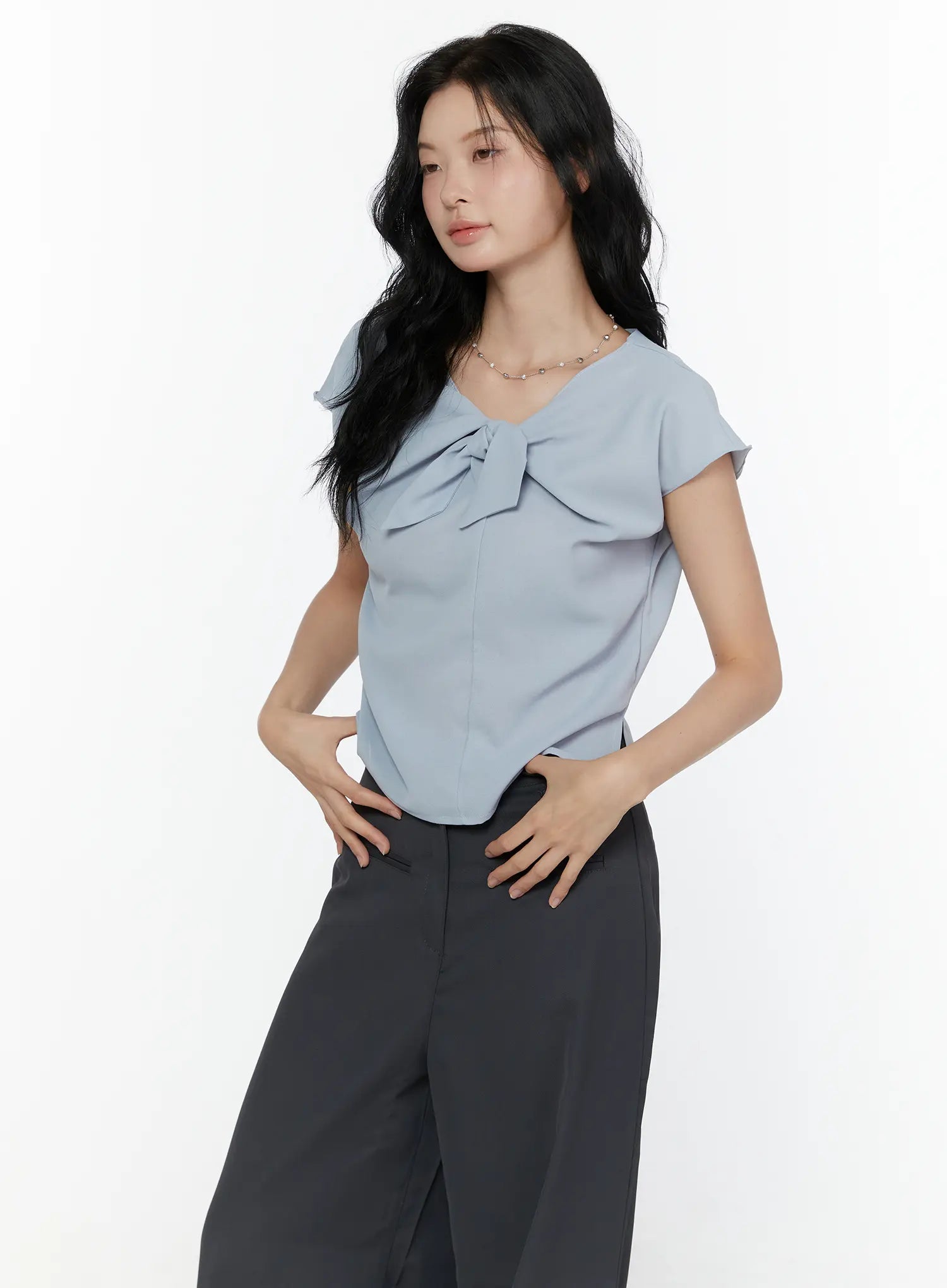Bow Tie Cap Sleeve Blouse CL520 in Light blue, size S/M