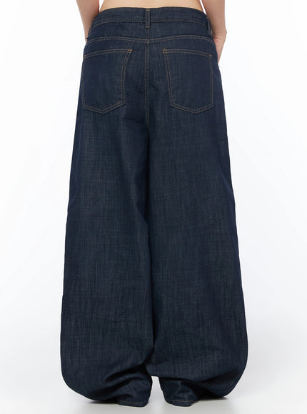 Brinny Vintage Wide-Leg Jeans IU525 Dark blue back view waist-to-hip close-up on model showing dual square back pockets orange topstitching and center seam detail