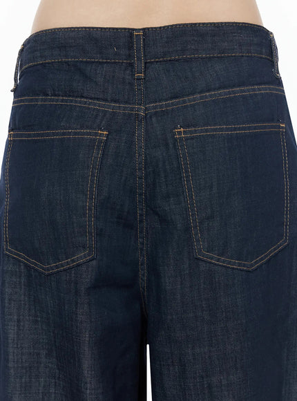 Brinny Vintage Wide-Leg Jeans IU525 Dark blue close-up detail of back waistband dual pockets and contrast orange stitching showing denim texture