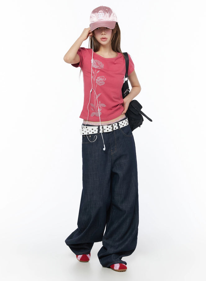 Brinny Vintage Wide-Leg Jeans IU525 Dark blue full-body front shot on model styled with pink rose rhinestone crop tee pink cap and studded belt